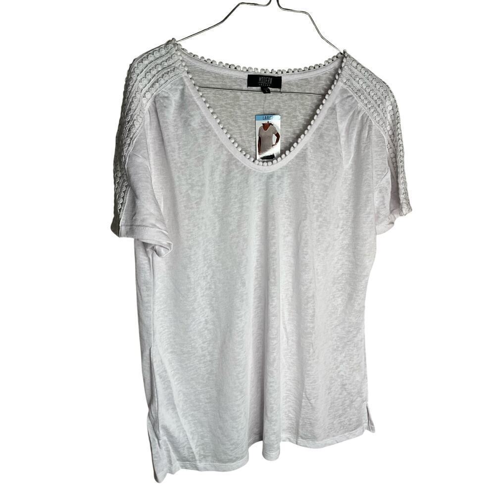 Modern Canvas Shirt Short Sleeves V-Neck Minimalist White Womens Large NWT